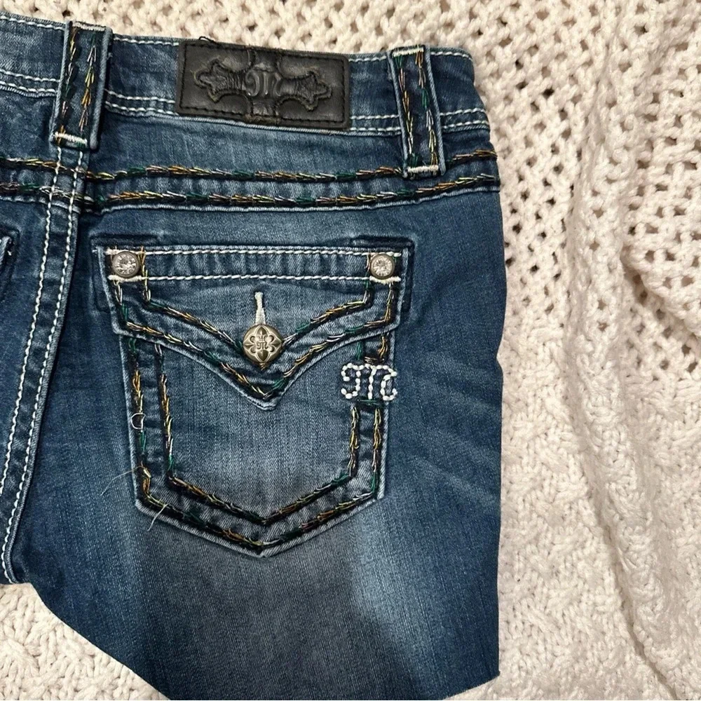 Miss Me Women Cut Off Shorts sz 27 Blue Denim Bling Distressed used to be long